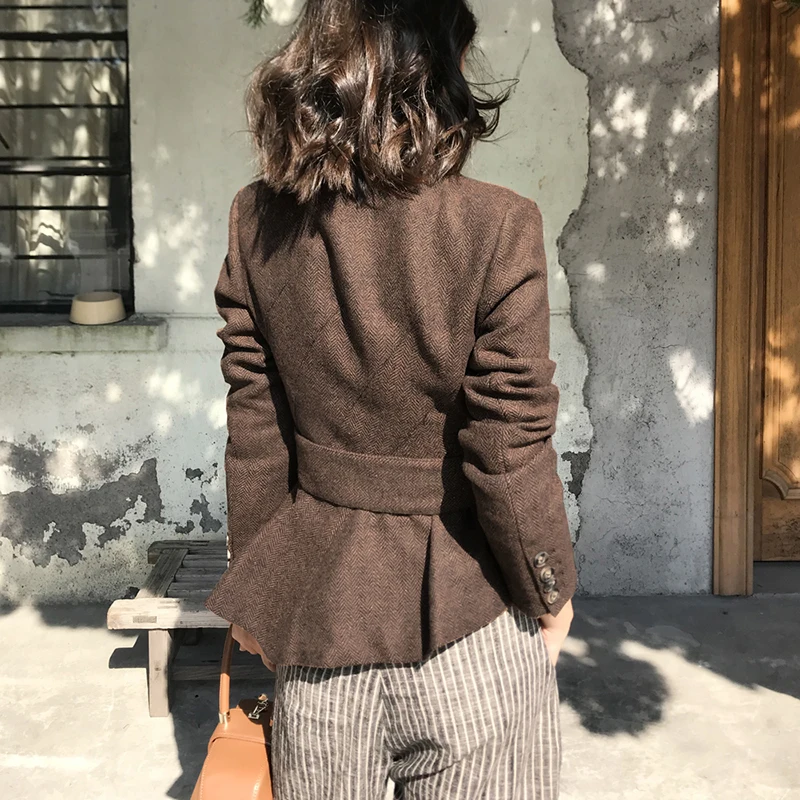 KoHuiJoo Autumn Winter Short Wool Coat Women Slim Belted Fashion Office Ladies Elegant Cashmere Blazer Coats Jacket Female