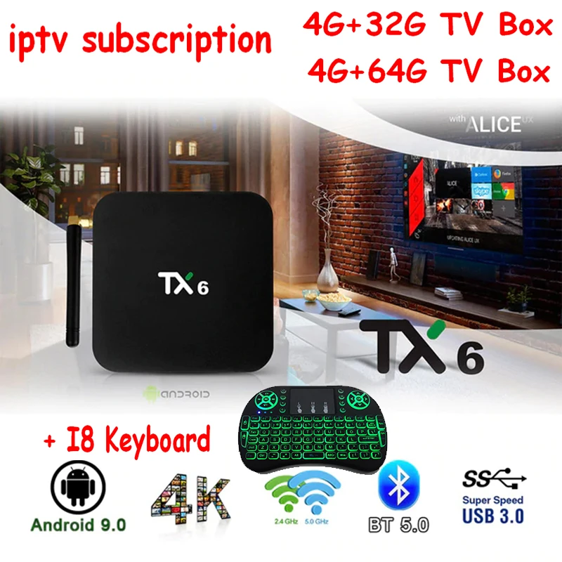 جديد! الروبوت 9.0! TX6 Allwiner H6 تي في بوكس أندرويد 4 GB Ram 32 GB/64 GB Rom 4 K H.265 5/2. 4G Wifi iptv الاشتراك الذكية مجموعة مربع رأس التلفاز