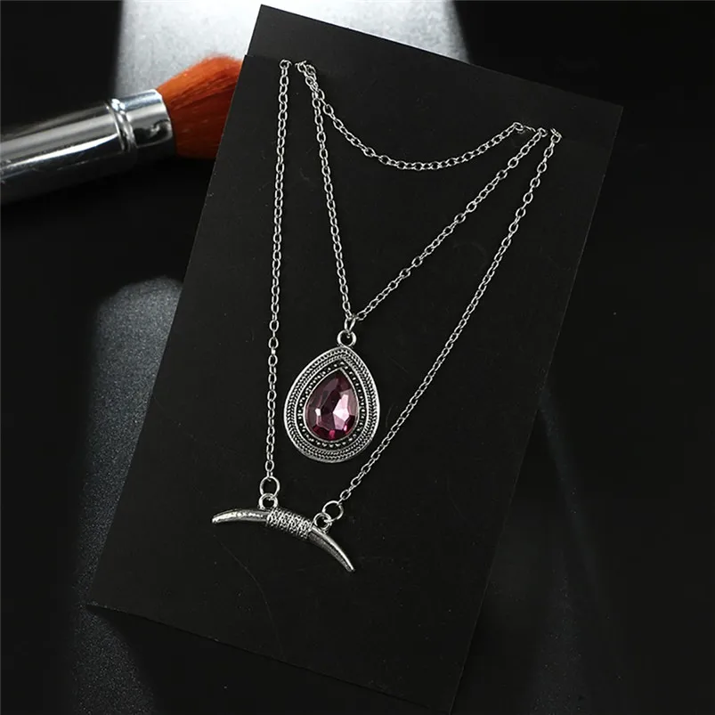 Fashion Trend Crescent Drop Gem Bohemian Style Multi-layer Necklace Choker Party Pendant Jewelry chain Necklace F13 (4)