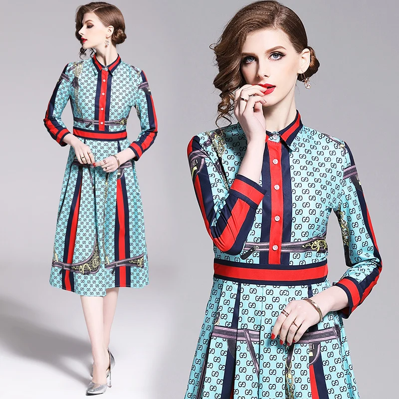 

2019 Spring Summer Fall Runway Vintage Letters Print Collar Empire Waist 3/4 Long Sleeve Women Party Casual A-Line Midi Dresses
