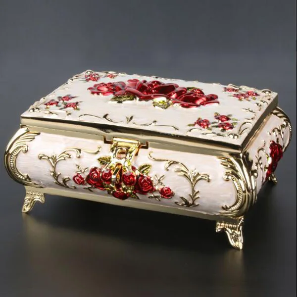 Fashion Jewellery Case Alloy Trinket Box Vintage Rose Flower Carved Casket 