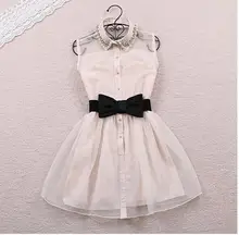 JOYINPARTY Womens Summer Dresses 2017 Summer Bow Belt Spring New Fashion Sweet Pearl Diamond Lapel Waist Sleeveless Dress