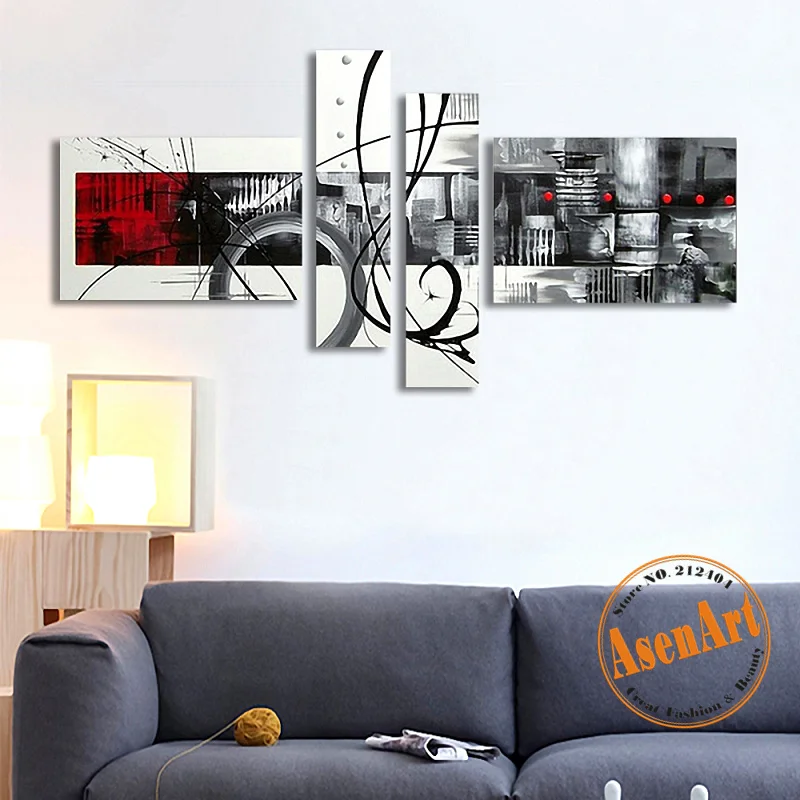 

4pcs Hand Painted Black and White Circles Modern Abstract Oil Painting Unframed Canvas Art Painting for Living Room Wall Decor