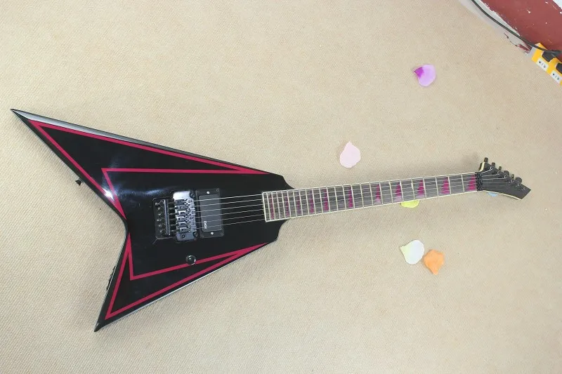 

Factory custom ALEXI-600 V BLACK and red edgy tremolo electric guitar with tremolo bridge,can be customized as request