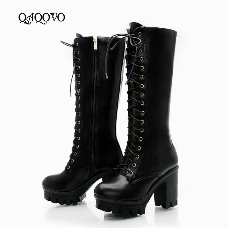 

Sping Autumn Knee High Boots Women Platform Boots Thick High Heels Fashion Boots Zipper Winter Ladies Shoes Big Size 43