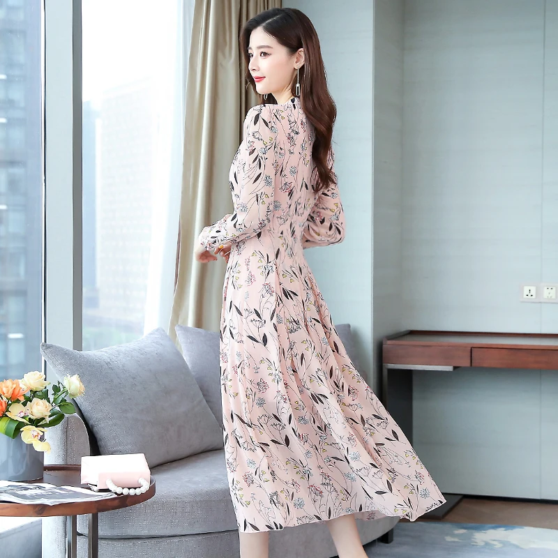 Новое Женское платье с длинным рукавом шифоновое с принтом в популярных длинных платьях розовый синий желтый темно-коричневый 2303