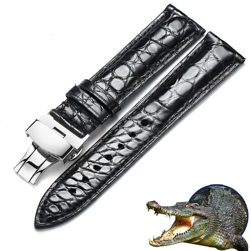 

Steel butterfly deploymant clasp super soft alligator circle grain genuine leather watch band strap