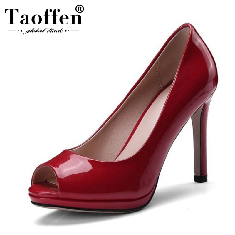 

TAOFFEN Size 34-43 Office Lady Peep Toe High Heel Shoes Women Solid Color Patent Leather Thin Heel Pumps Party Club Women Shoes