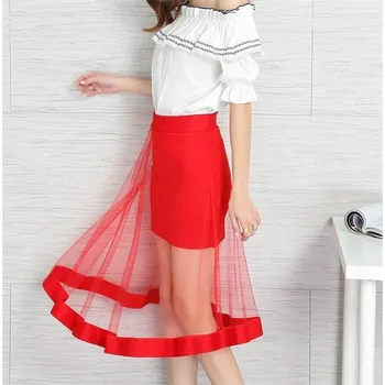 

Womens Summer High Waist Pleated Swing Knee Length Tutu Skirt Sheer Mesh Patchwork Solid Black Color Lined Dance Party Petticoat