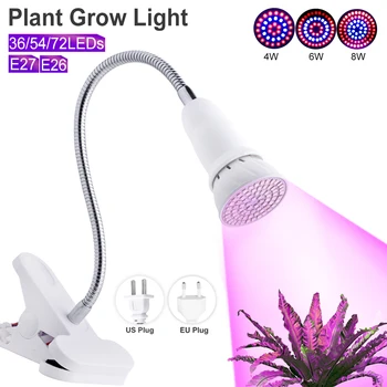 

TSLEEN 4x 4W 6W 8W E27 LED Plant Grow Light + Holder Clip Vegetable Hydroponics Culturing Red+Blue Indoor Growing Lamp CE RoHS