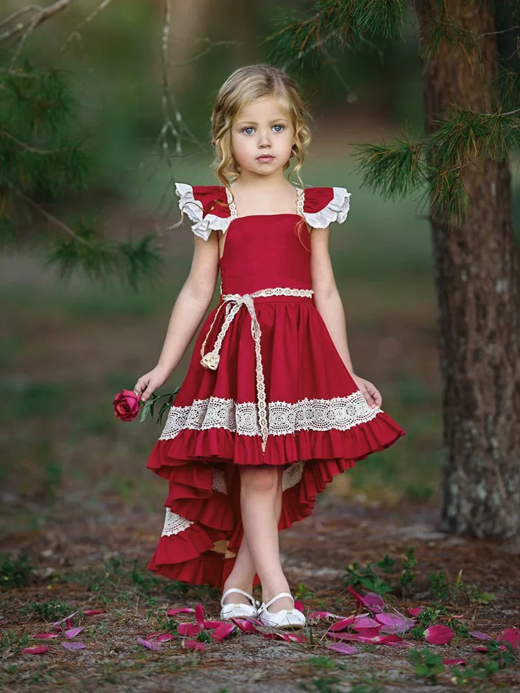 Wholesale2019new/платье для девочек кружевное красное однотонное платье с рукавами-лепестками ласточкин хвост кружевное платье с открытой спиной для малышей От 3 до 8 лет