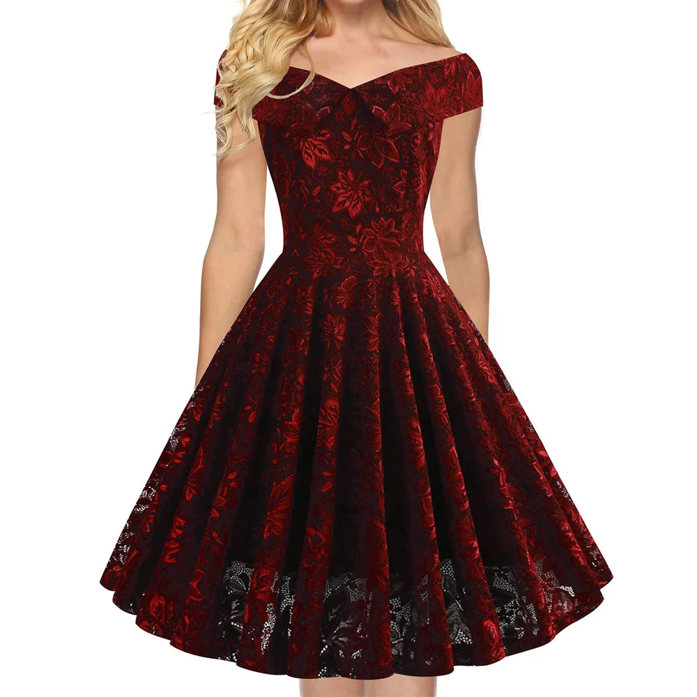 Joineles, 60 s, Одри Хепберн, женское ретро платье, сексуальное, с открытыми плечами, рукава, одноцветное, кружевное, вечерние, Vestidos, высокая талия, винтажное платье - Цвет: Red Wine