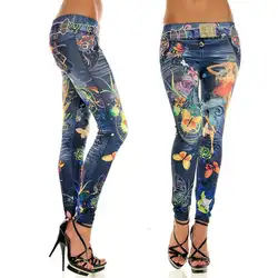 Пикантные Для женщин модные эластичные ботильоны-Длина Тонкий в стиле панк искусственная джинсовые узкие брюки Леггинсы бабочка цветок