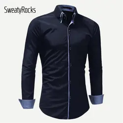 SweatyRocks Для мужчин контрастную клетку рубашка Мужская Уличная на пуговицах с длинным рукавом футболки темно-синего цвета 2019 Новая мода