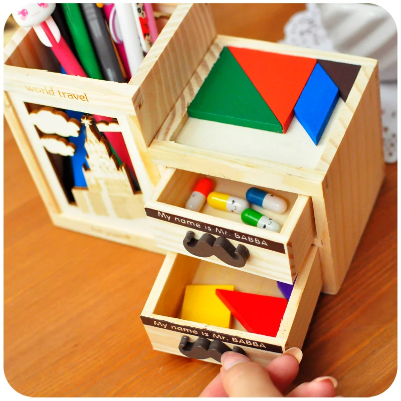 015 Office Desk Accessories Wood Carving Penholder South Korea