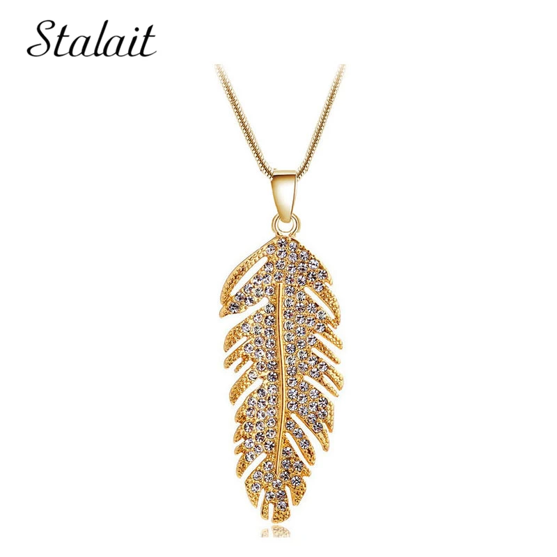 Full Drill Rhinestones Feather Leaf Pendant Necklace Gold Color Crystal