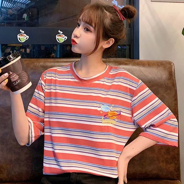 Летние женские повседневные свободные полосатые футболки с принтом Ulzzang Harajuku, удобные студенческие футболки с коротким рукавом Для Подружек - Цвет: ShanH 9854 hong