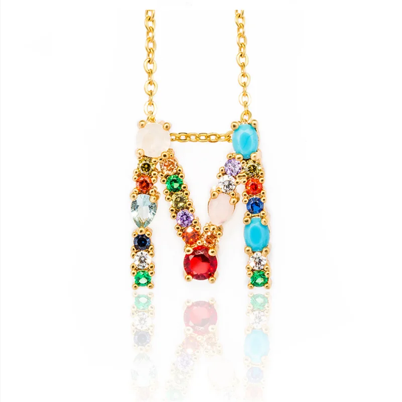 

Rainbow 26 letter fashion gold necklace micro clip CZ cubic zirconia AZ letter initials pendant ladies jewelry #MMM