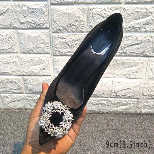 black 9cm Современные женские свадебные туфли-лодочки со стразами; цвет черный, розовый; туфли на шпильке с острым носком и мехом на высоком каблуке - Цвет: black 9cm