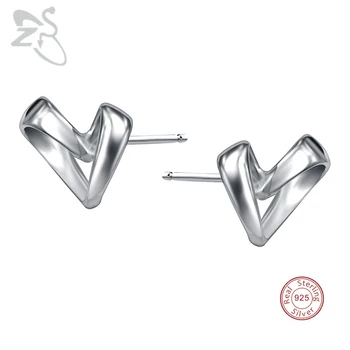 

ZS Real 925 Sterling Silver Stud Earrings For Women Ear Pin Ribbon Heart Earring Piercing Jewelry Small Ear Studs Pendientes