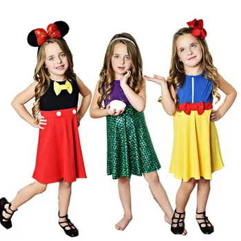 

Toddler Fancy Summer Princess Party Dress Girls Knee Length Little Mermaid Minnie Snow White Beauty and The Beast Belle Costume