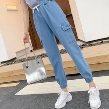 Надпись вышитый с талией на шнурке японский любовь карман Kawaii летние женские джинсовые брюки корейский Лолита студенческие джинсы для бега гарем