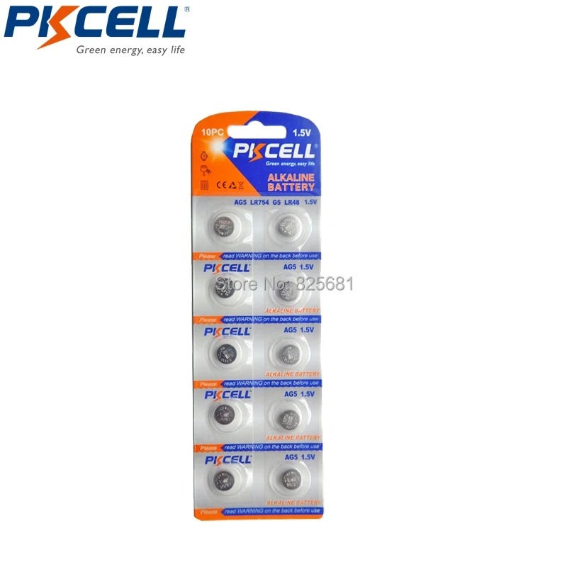 500 шт/5 упаковка AG5 PKCELL Щелочные батареи для монет LR48 193 754 1 5 V 60mAh пуль часы