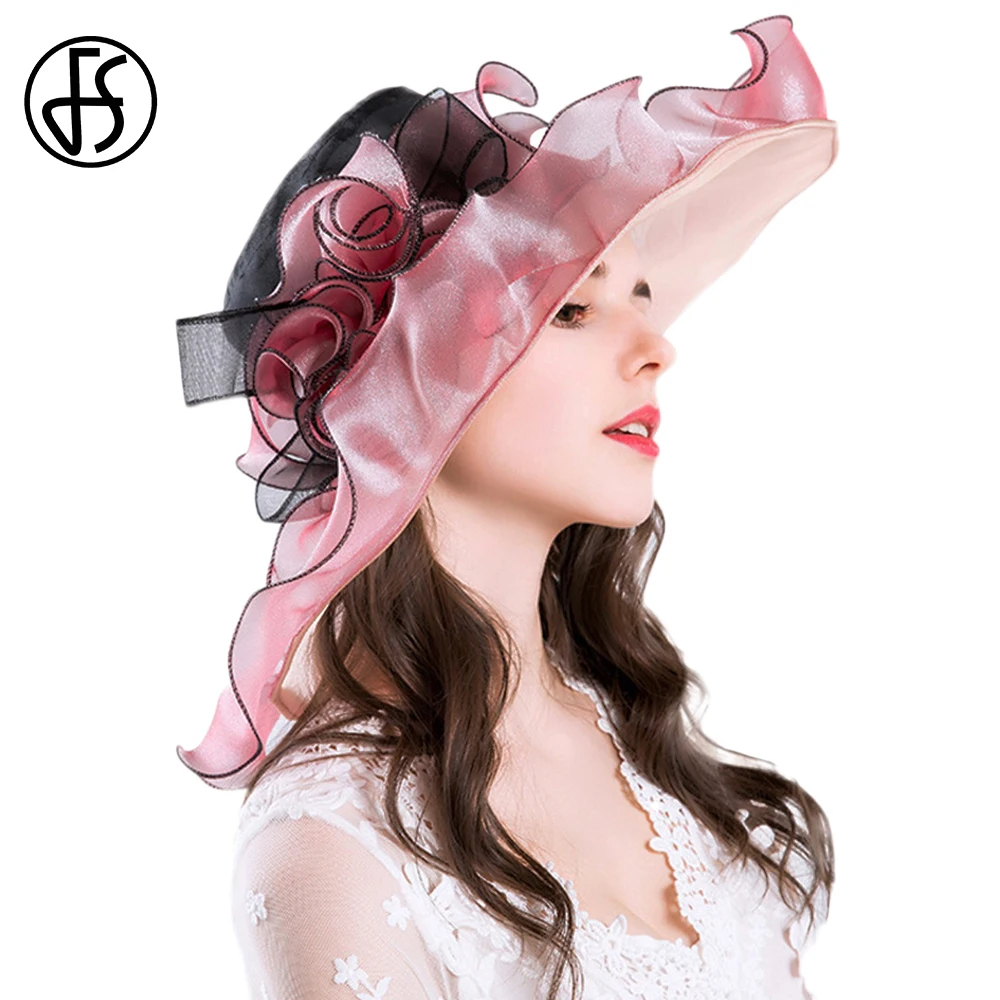 

FS 2019 Organza Elegant Summer Dress Church Hat Kentucky Derby Hats For Women Big Flower Wide Brim Ladies Sunhat Vintage Fedoras