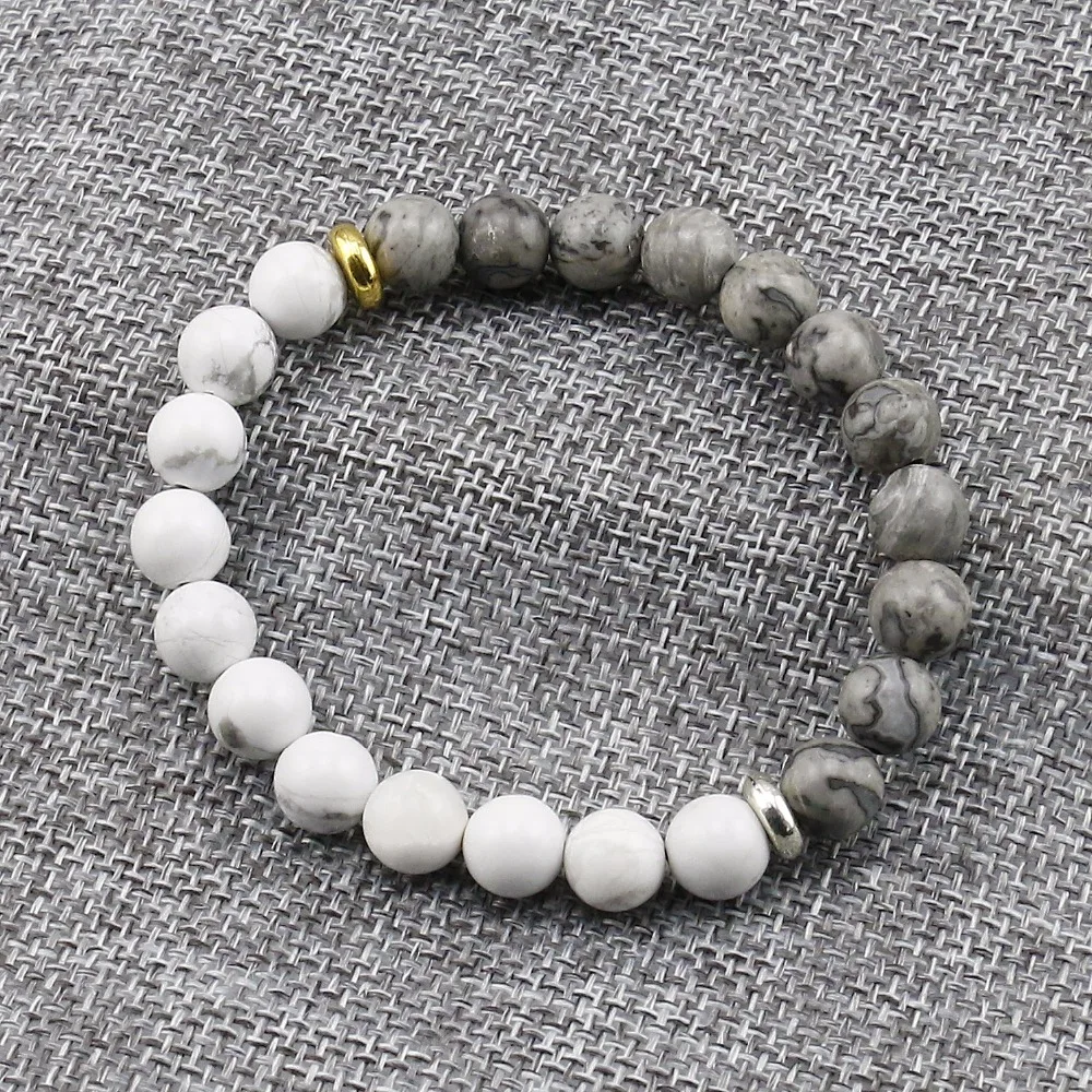 Натуральный камень белый мрамор Howlite с серым камнем браслет из бисера для мужчин модный Индивидуальный эластичный браслет