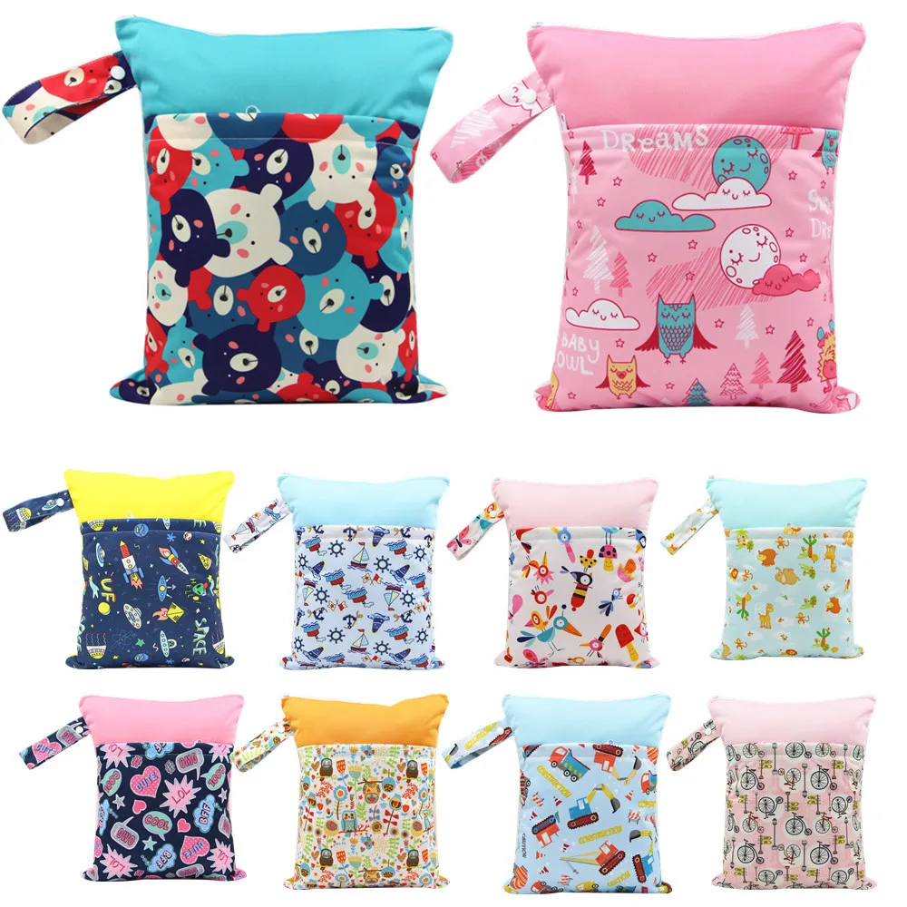 

Baby Diaper Bag Reusable Waterproof Cartoon Wet Dry Diaper Bag Double Pocket Cloth Handle Wetbags 30*37CM Waterproof Wet Bag