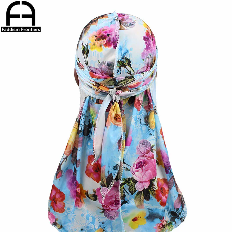 Модные Для мужчин печати шелковистой Durags банданы голову шелк Для мужчин DuRag Цветочные волны шапки тюрбан Головные уборы аксессуары для волос - изображение