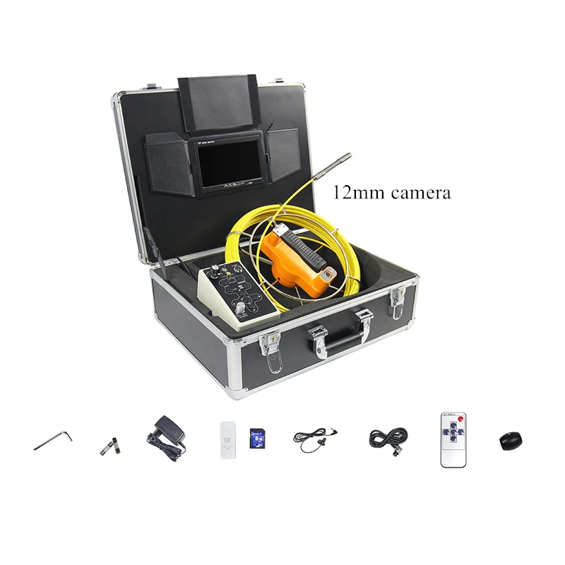 

12mm Pipe Drain Sewer Video Inspection Camera System with Hard Cable 7inch TFT Screen DVR White LEDs DC12V Supply