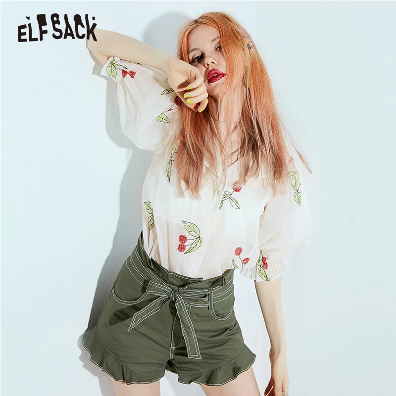  ELFSACK Army Green Casual Cargo Shorts Women 2019 Summer Mid Waist Hot Short Femme Bottoms Fashion 