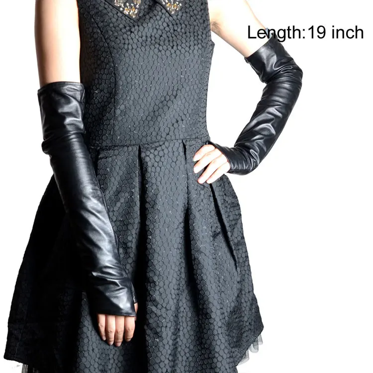 Length 19 inch La'die's/женские черные перчатки с открытыми пальцами из натуральной кожи, вечерние длинные перчатки без пальцев - Цвет: Length 19 inch