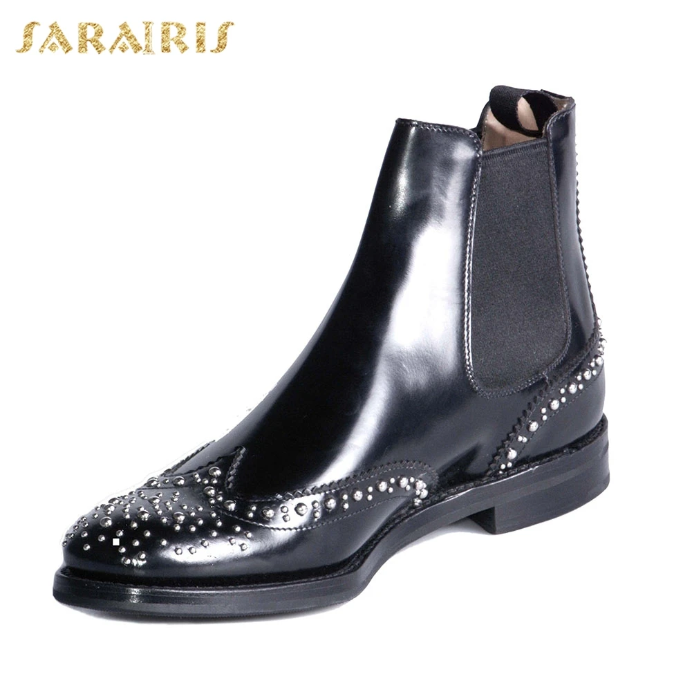 

SARAIRIS 2019 Luxury Brand Big Size 45 Rivets Genuine Leather Ankle Boots Women Shoes INS Chelsea Boots Female Shoes Woman