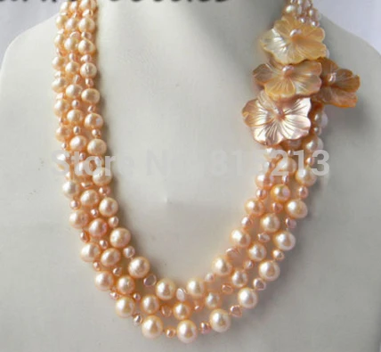FREE SHIPPING>>>@@ > N1441 3Strands Pink Round Freshwater Pearl Shell Flower Necklace FREE SHIPPING>>>@@ > N1441 3Strands Pink Round Freshwater Pearl Shell Flower Necklace