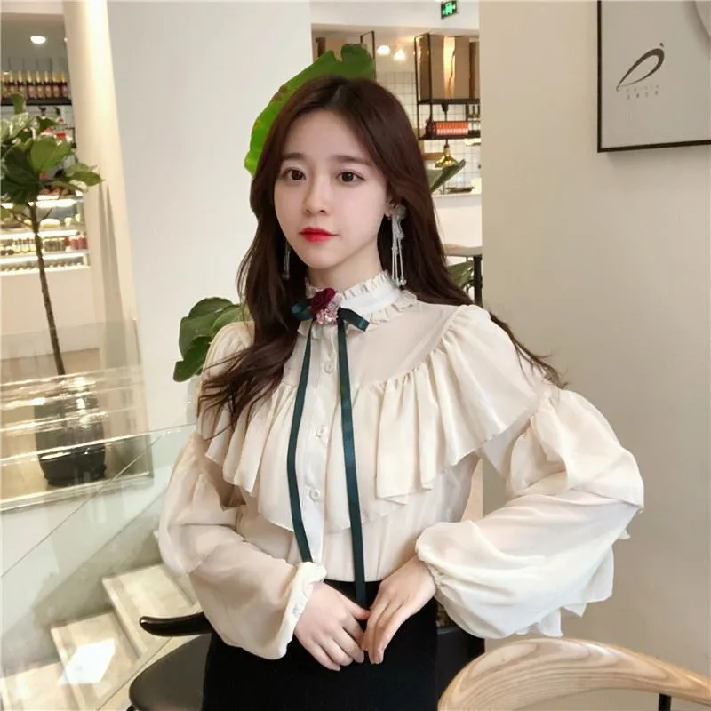

Women Tops Spring 2019 Korean Style Fashion Clothing Ruffles Office Women Shirt Chiffon Casual Blouse
