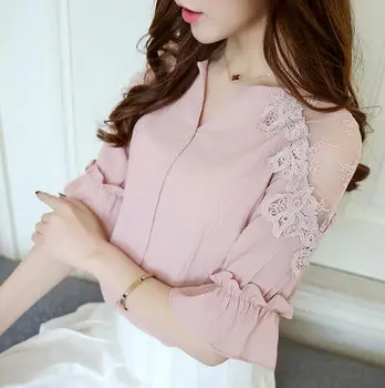 

2018 summer lace women's tops blusas embroidery chiffon women shirt blouse fashion short sleeve v-neck women's clothing shirt