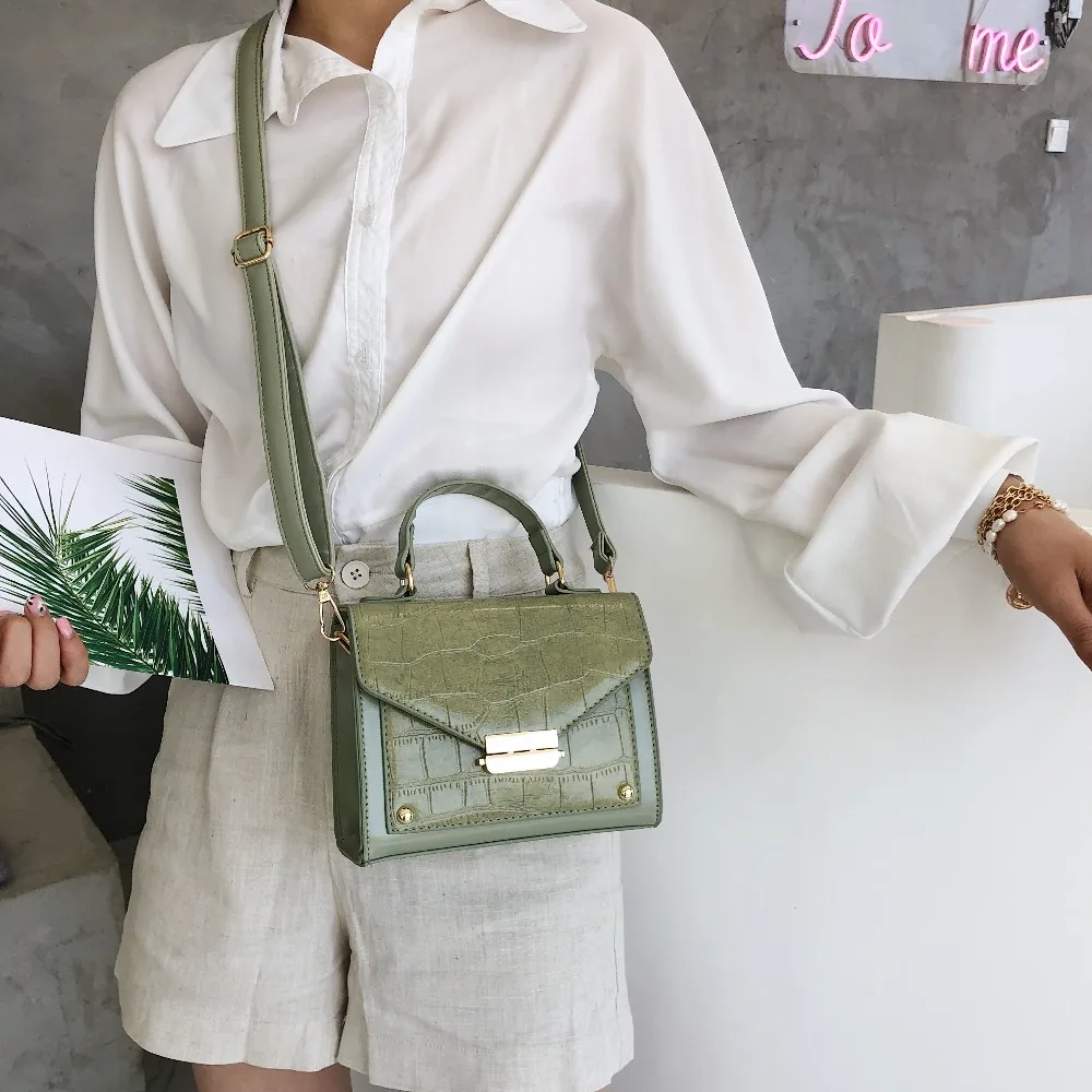 حجر نمط بو الجلود Crossbody حقائب للنساء 2019 جديد أزياء قفل صغيرة المحافظ و حقائب سيدة الأخضر سفر اليد حقيبة