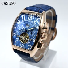 CASENO Tourbillon автоматические механические мужские часы с хронографом и кожаным скелетом, роскошные Брендовые спортивные деловые часы