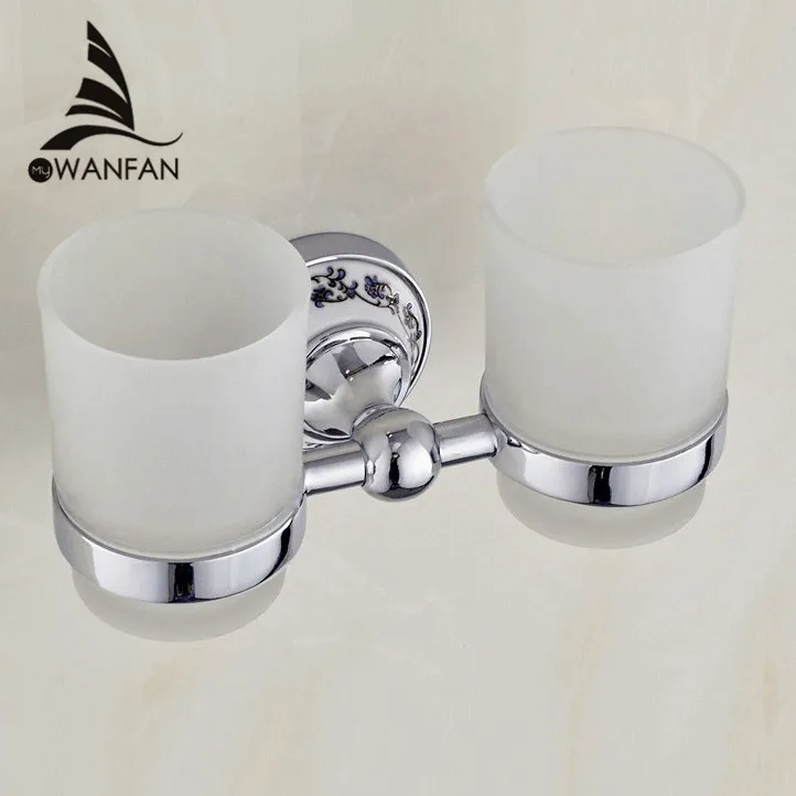 

Cup & Tumbler Holders Metal Chrome Silver Toothbrush Holder With 2 Glass Cups Wall Mounted Ceramic Bathroom Accessories ST-6703