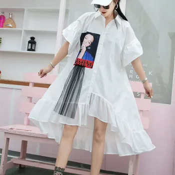 

Thailand Tide brand 2019 summer large size fat mm stitching mesh irregular hem long short-sleeved dress female
