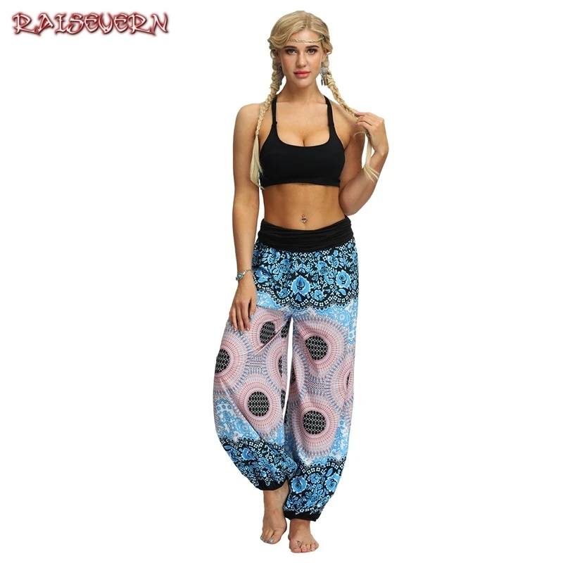 

RAISEVERN Women Thai Harem Trousers National Style Festival Hippy Smock High Waist Pants Small Boho Print Loose Waist Pant 2019