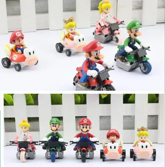

5pcs/lot Super Mario Bros Kart Pull Back Cars Luigi Princess Peach PVC Action Figures Toys Dolls Classic Toys