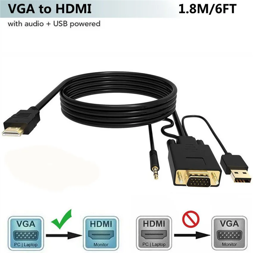 

VGA to HDMI Converter Adapter with 3.5mm Audio and USB Charging Port for HDTV Monitor Projector VGA HDMI Cable