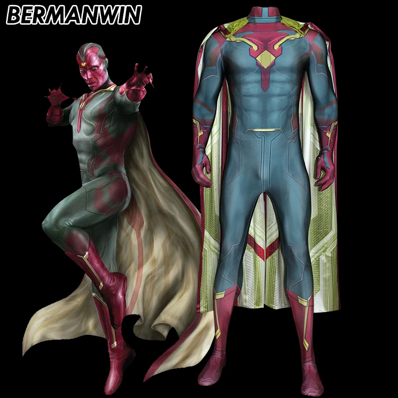 

BERMANWIN High Quality Avengers Age of Ultron Cosplay Costume Vision Costume Spandex Vision Suit with Cape Cosplay Costume