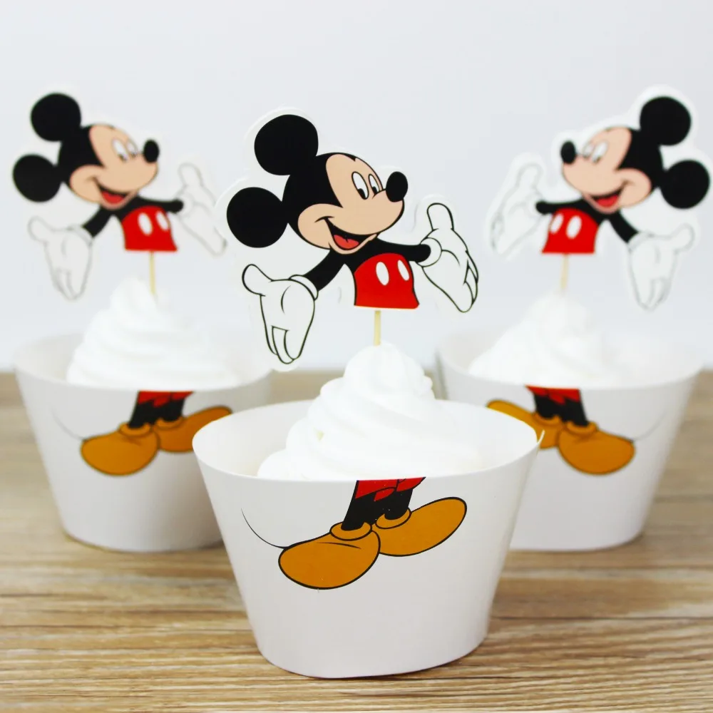 

24pcs Mickey Mouse Party Paper Cupcake wrappers toppers for kids party Birthday decoration cake cups(12 wraps+12 topper)