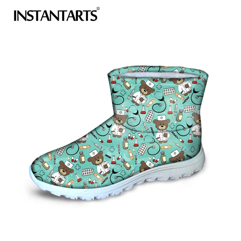 

INSTANTARTS Women Nurse Flat Shoes Woman's Snow Boots 3D Cartoon Nurse Bear Print Teenager Girl Winter Non-slip Ankle Boots 2018