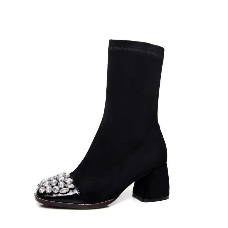 XiuNingYan/Для женщин сапоги со стразами квадратный носок Высокий каблук обувь из натуральной кожи осень-зима бедро высокие женские сапоги