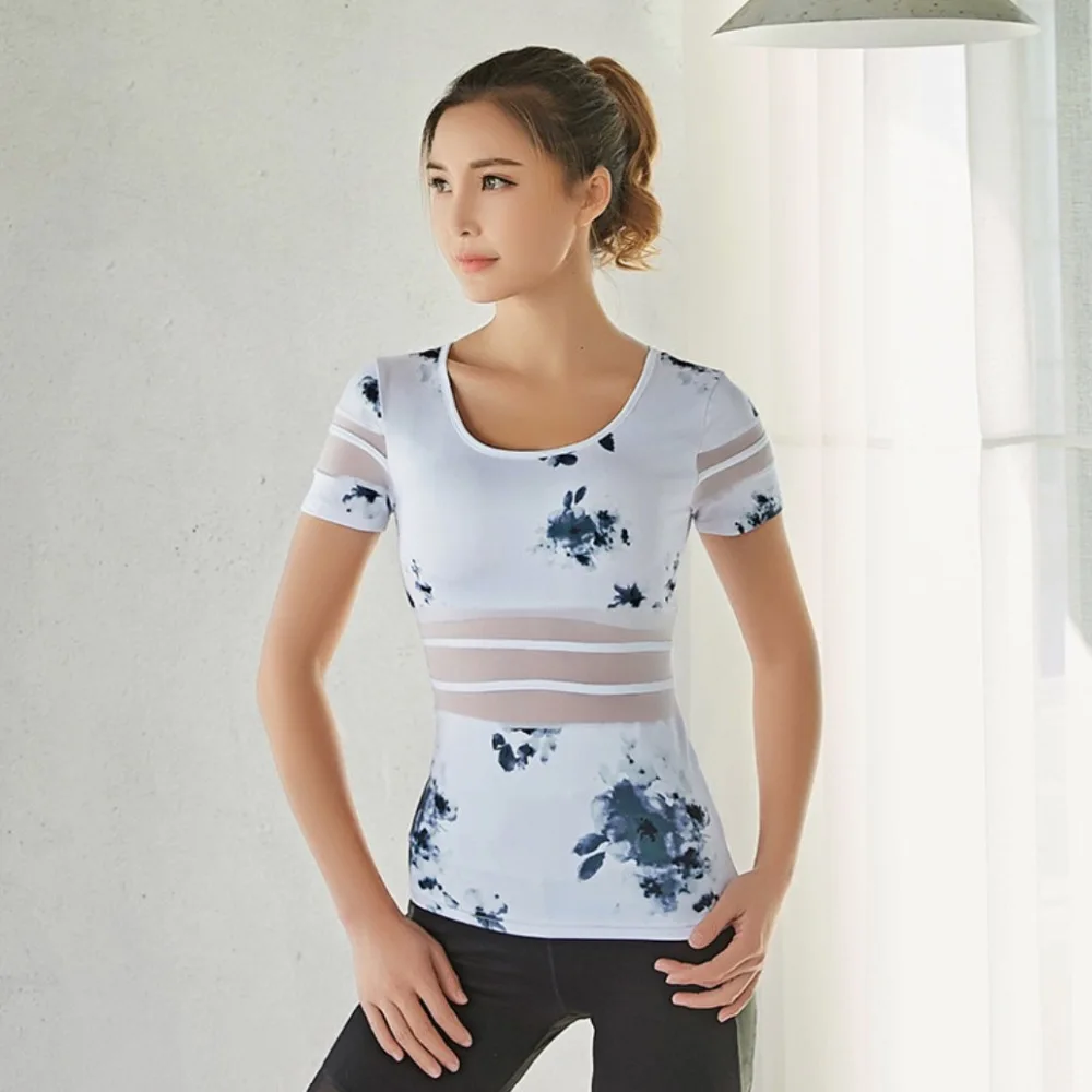 

EF Yoga Tops Fitness Top Women Workout Gym Sport Shirt Running Sport T-shirt Gym Shirt Sportswear T-shirt Mesh Panel Print